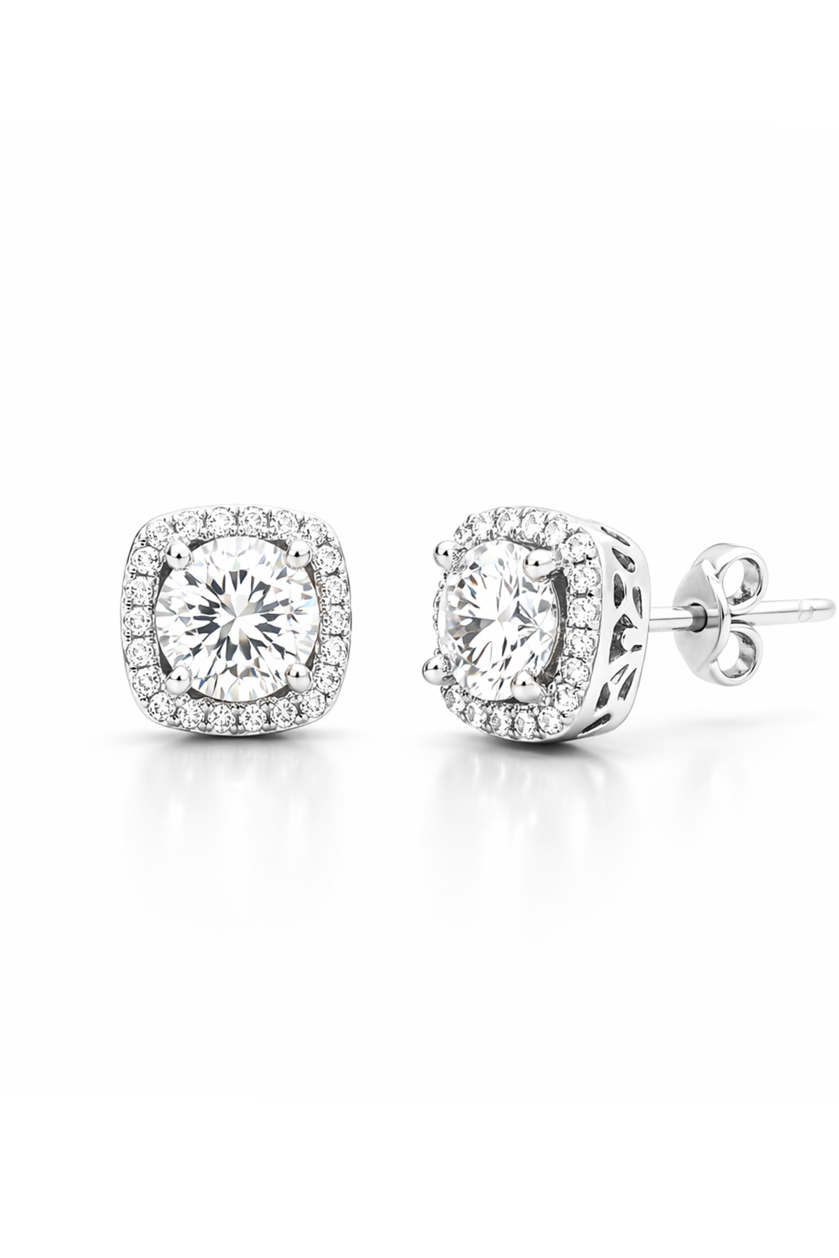 Cushion Halo | Square Cut Solitaire Design 925 Sterling Silver Stud Earring