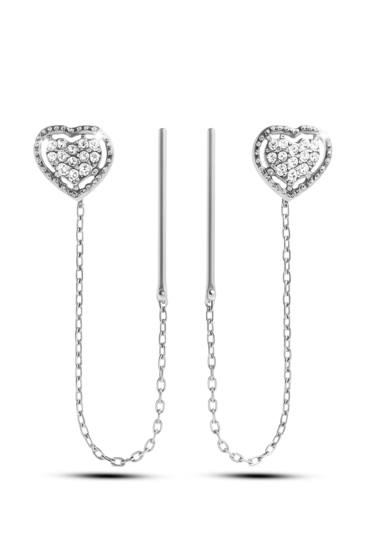 Heart Threader | Zirconia Pavé Chain 925 Sterling Silver Earring