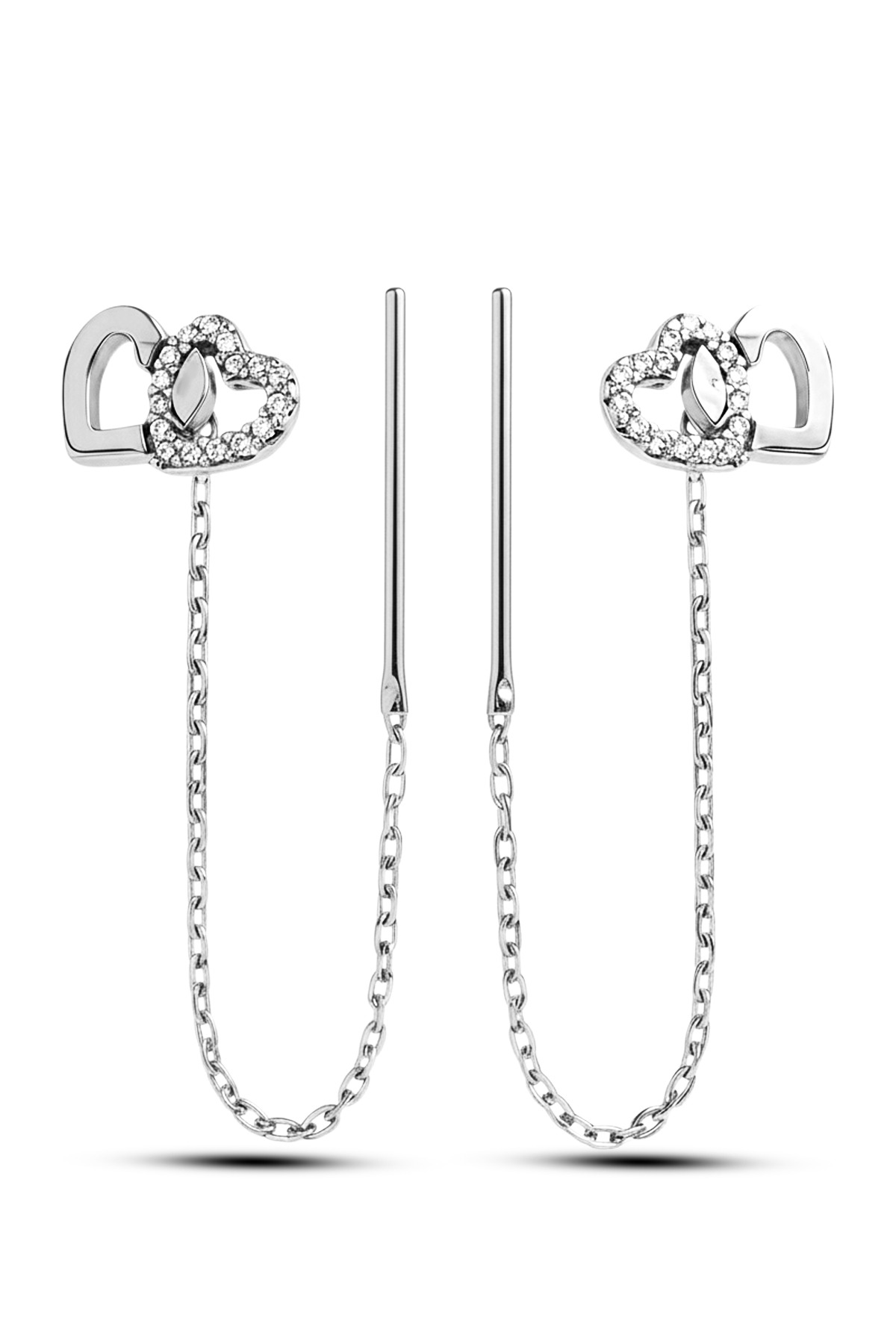 Double Heart Threader | Interlocking Zirconia Chain 925 Sterling Silver Earring