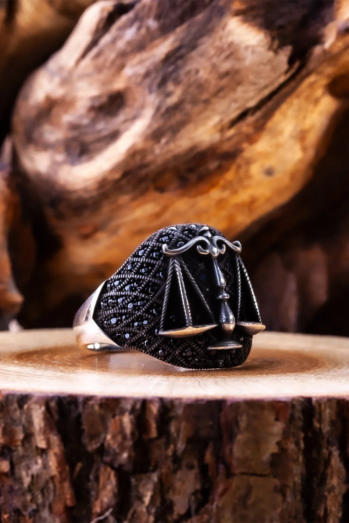 Justice Scales Design & Deep Oxidized Texture | 925 Sterling Silver Men's Ring