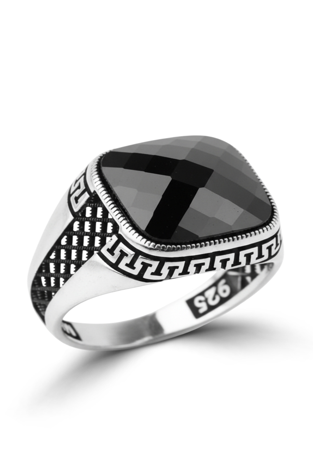 Greek Key Detailed Cushion Cut | Zirconia 925 Sterling Silver Men's Ring