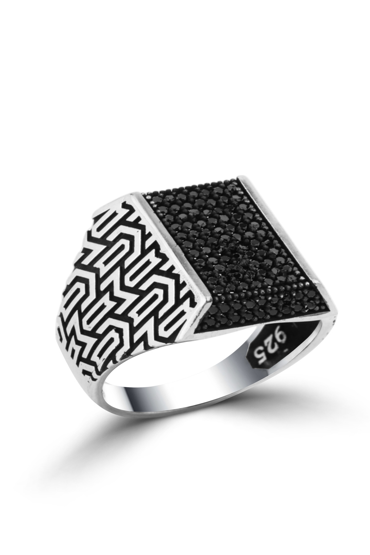 Geometric Engraved & Micro Stone | 925 Sterling Silver Men's Ring