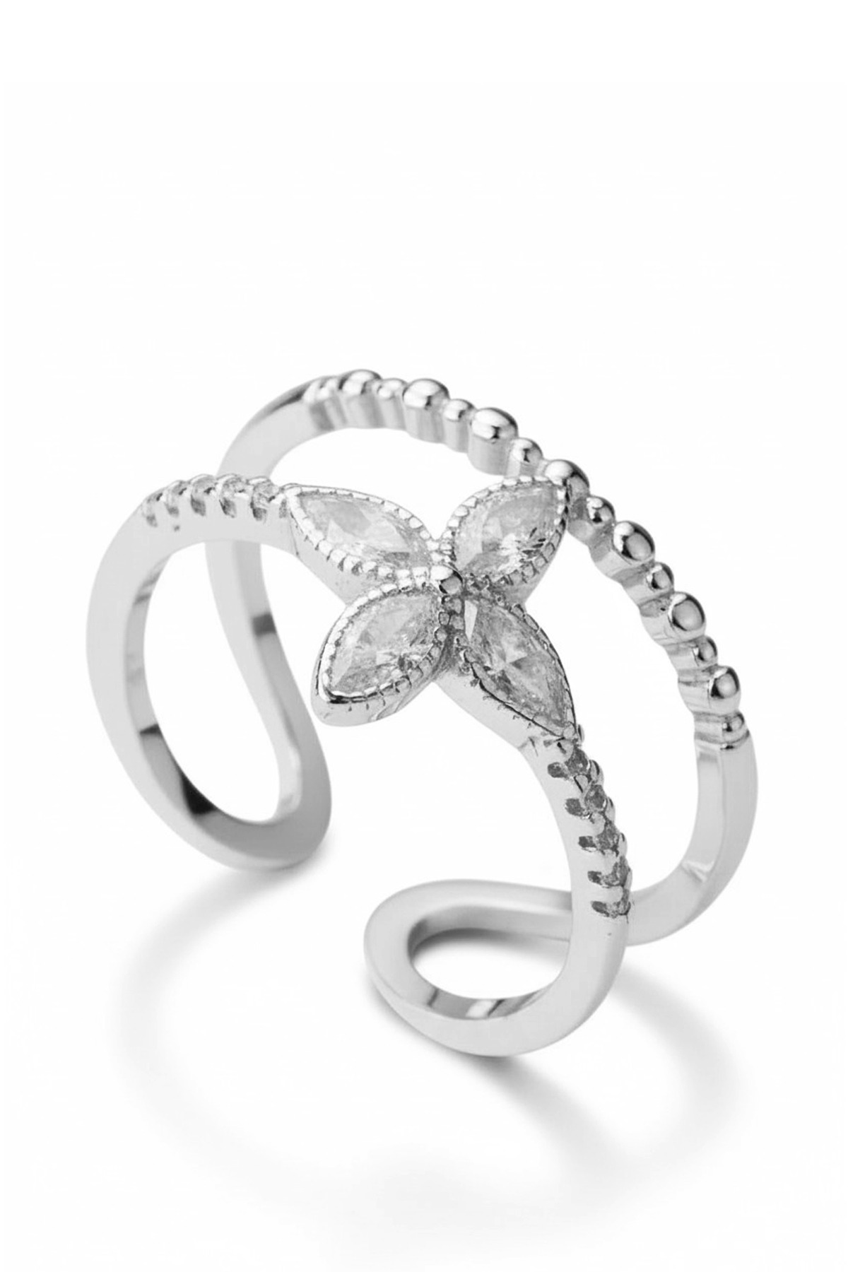 Floral Harmony | Marquise-Cut Flower Motif and Double Layer Beaded Band 925 Sterling Silver Ring