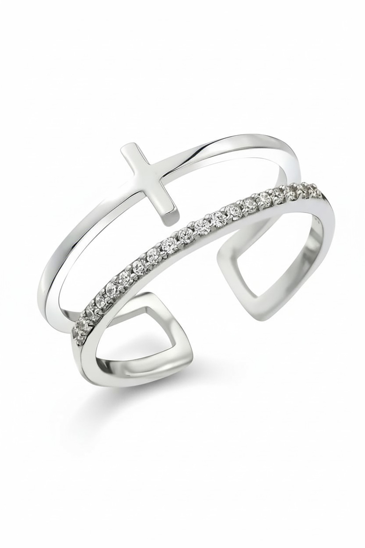 Faithful Harmony | Minimalist Cross Motif and Sparkling Pave-Set Double Layer 925 Sterling Silver Ring