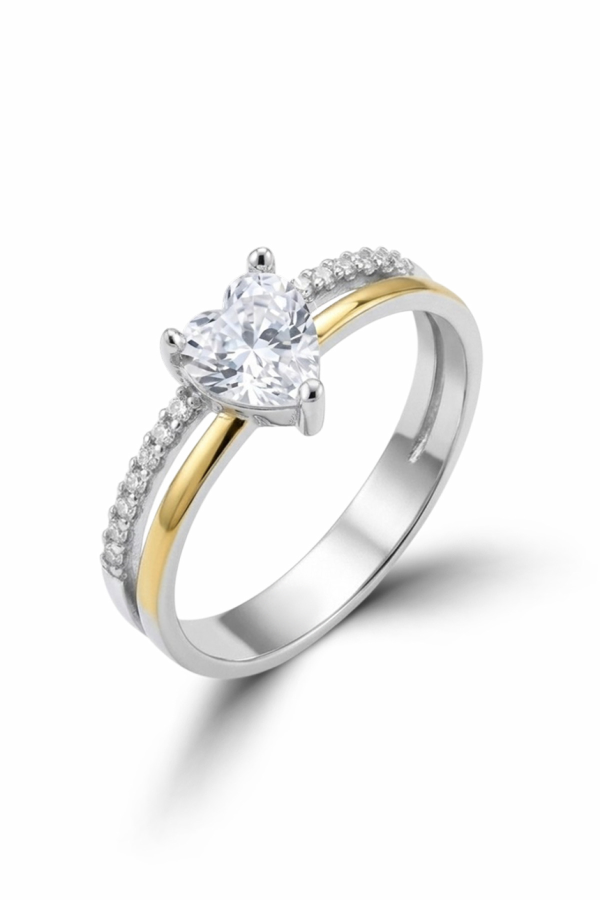 Golden Heart Harmony | Heart-Cut Solitaire with Two-Tone Gold Accent and Pave Band 925 Sterling Silver Ring