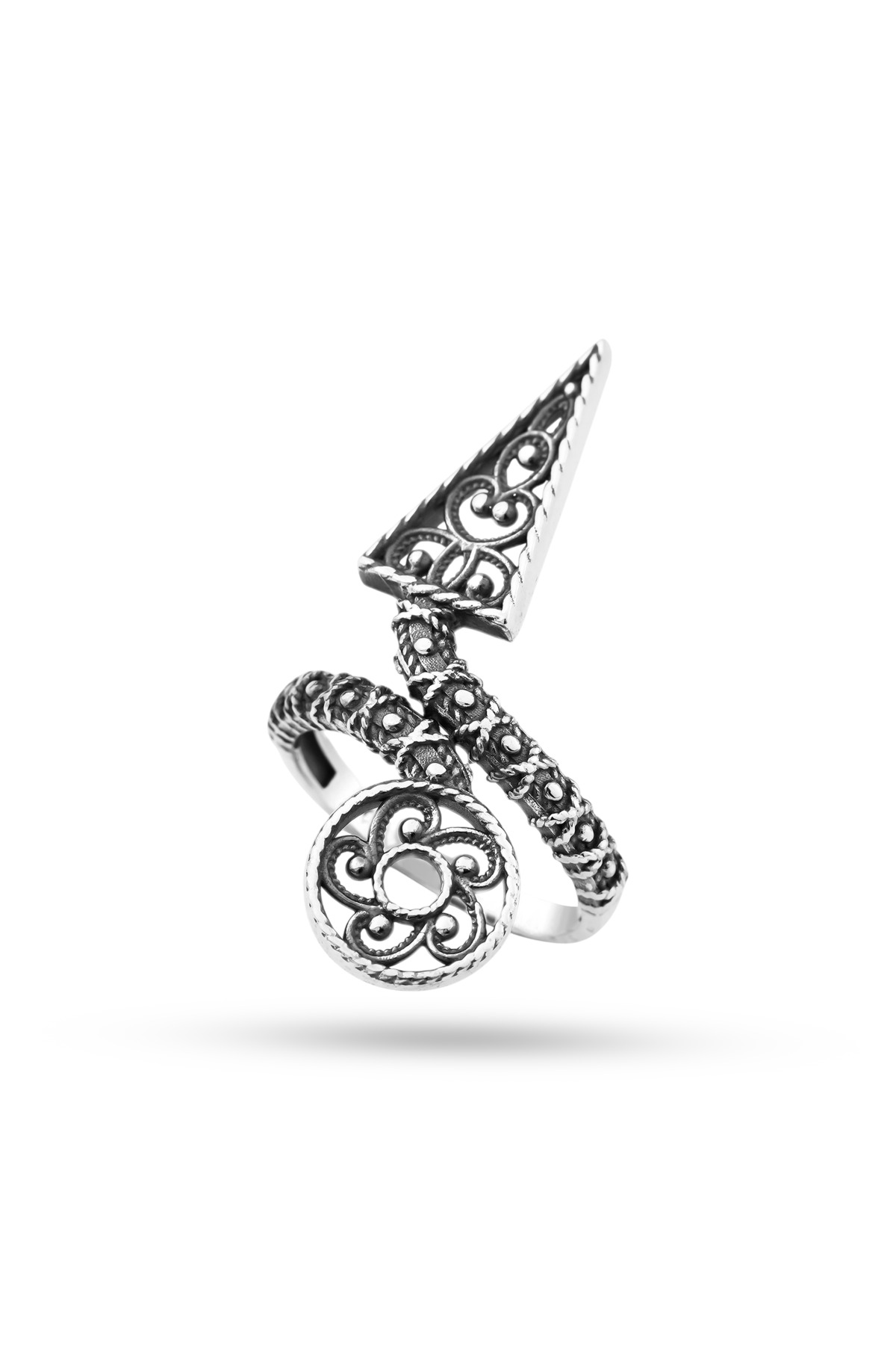 Boho Arrow | Oxidized Filigree Arrow and Circle Motif 925 Sterling Silver Ring